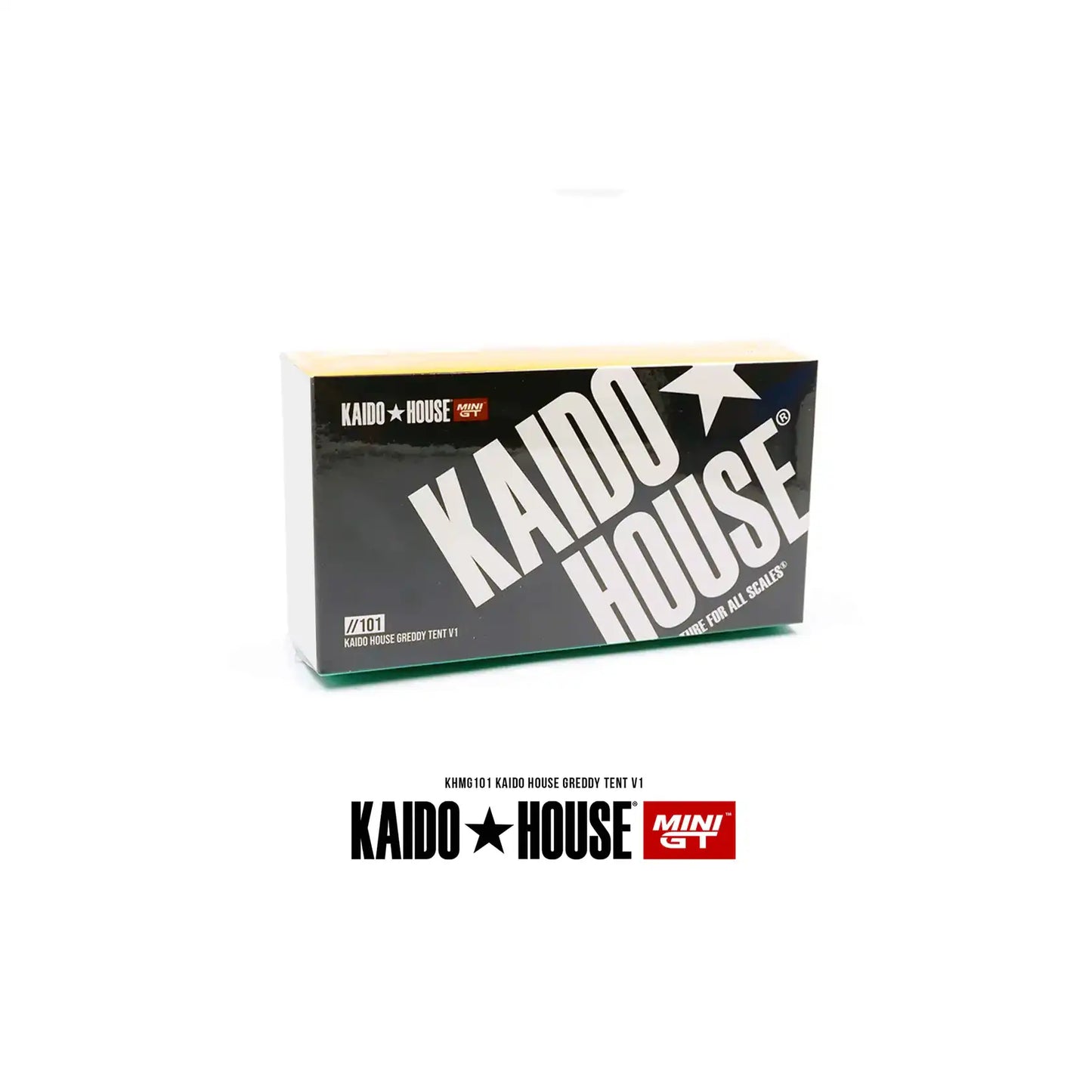 MiniGT Kaido House GReddy V1 Paddock Service Tent Set with Kaido House branding and bonus wheels, scale accessory for die-cast displays.