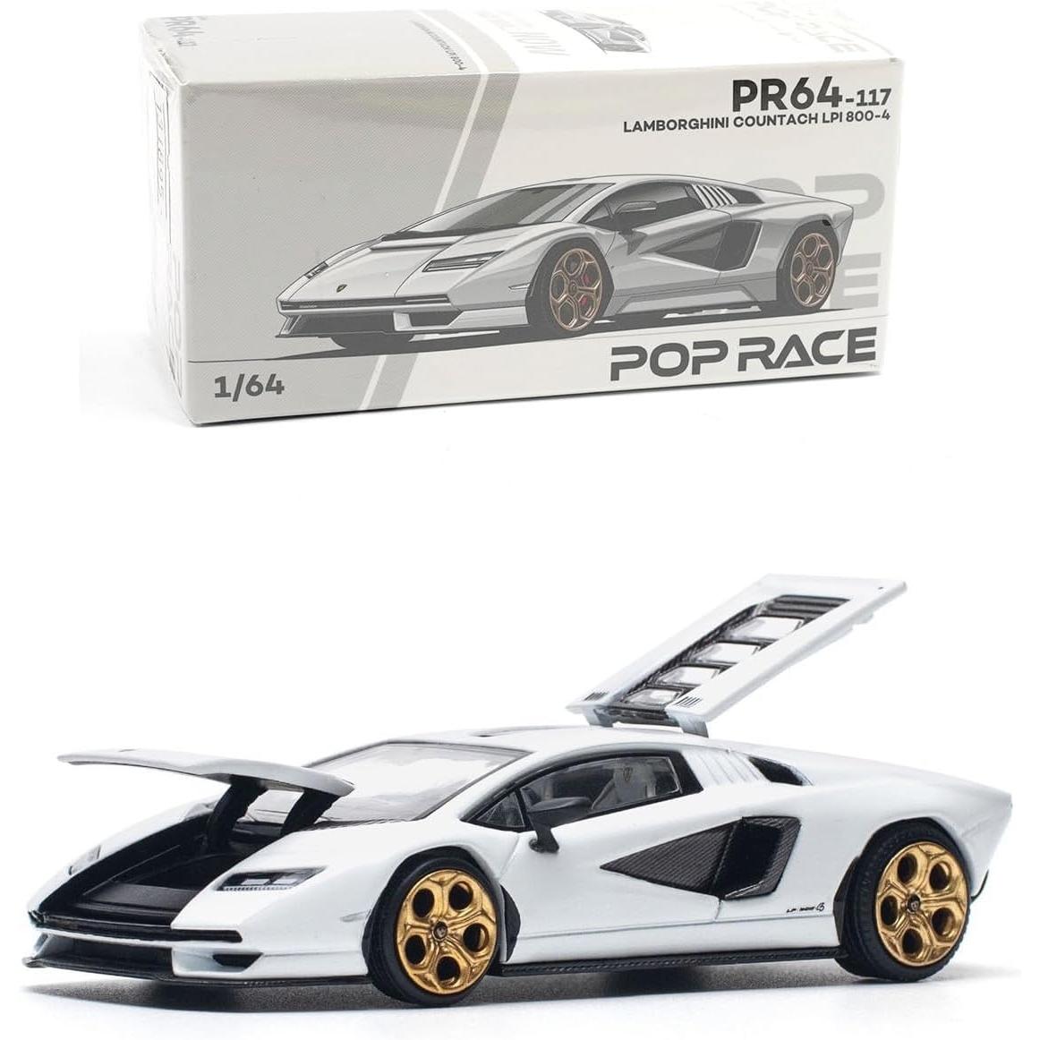 Pop Race 1:64 scale diecast model of Lamborghini Countach LPI 800-4 in white, showcasing modern hybrid supercar styling.