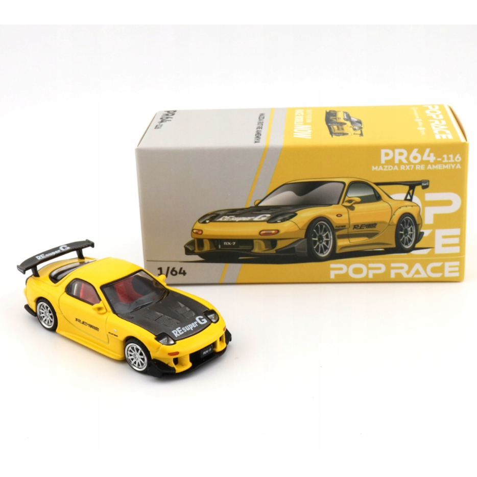Pop Race 1:64 scale diecast model of Mazda RX-7 RE Amemiya with custom wide-body kit and detailed tuner styling.