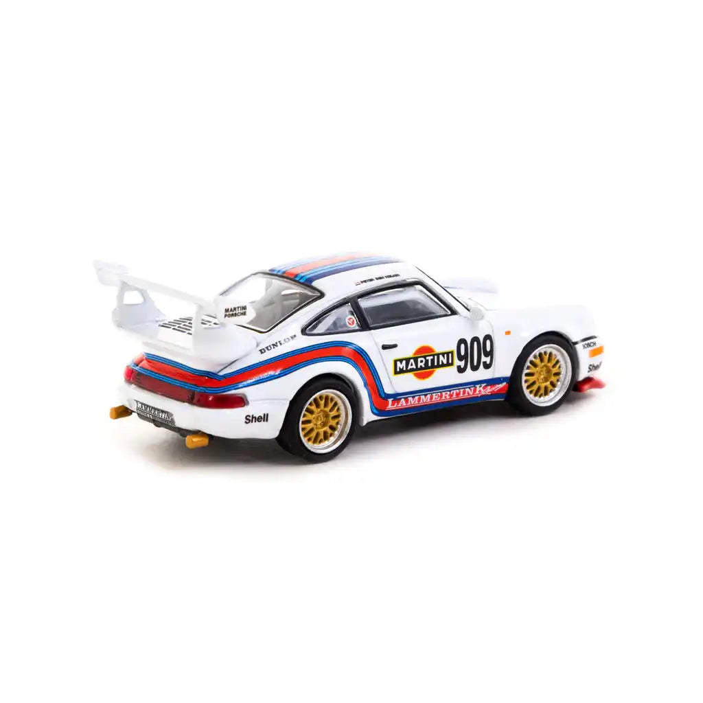 Tarmac Works x Schuco 1:64 Porsche 911 RSR die-cast model in Martini Racing livery with #909 and sponsor decals.