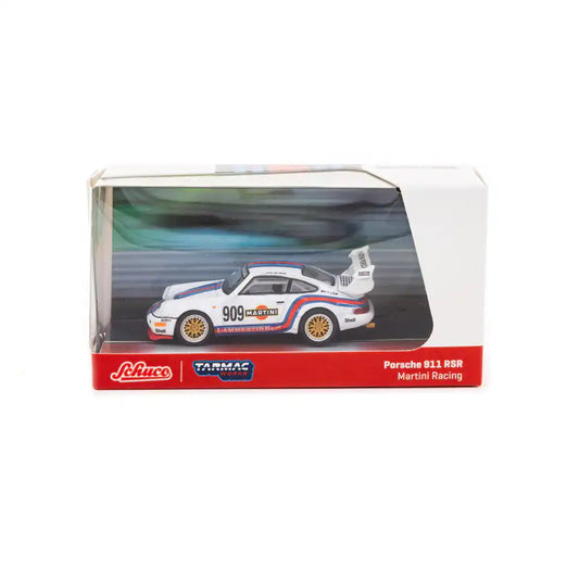 Tarmac Works x Schuco 1:64 Porsche 911 RSR die-cast model in Martini Racing livery with #909 and sponsor decals.