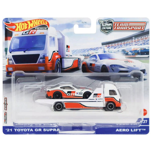 Hot Wheels 1:64 scale Team Transport #37 GRK65 FLF56 die-cast model of the 2021 Toyota GR Supra and Aero Lift transport truck with authentic race livery.
