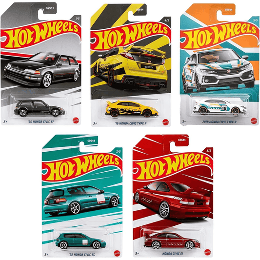 Hot Wheels Honda Civic Anniversary Set of 5, featuring β90 Honda Civic EF, β92 Honda Civic EG, Honda Civic Si, β16 Honda Civic Type R, and 2018 Honda Civic Type R