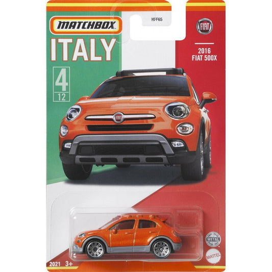 Matchbox 2016 Fiat 500X die-cast model from the Stars of Italy series, 4/12, HFF65, 2023.
