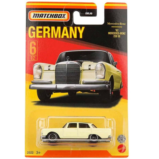 Matchbox '62 Mercedes-Benz 220 SE in cream with chrome accents, part of the Stars of Germany series, 6/12 GWL49 979C