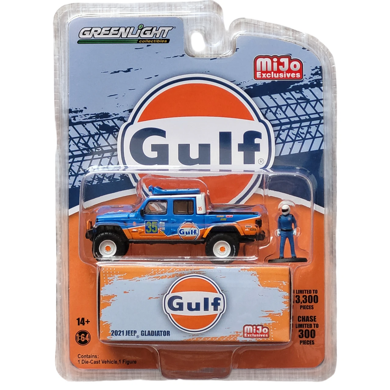 [AUCTION - Free Shipping!] GreenLight 1:64 2021 Jeep Gladiator – Gulf Racing Livery w/ Figure MiJo Exclusives Limited