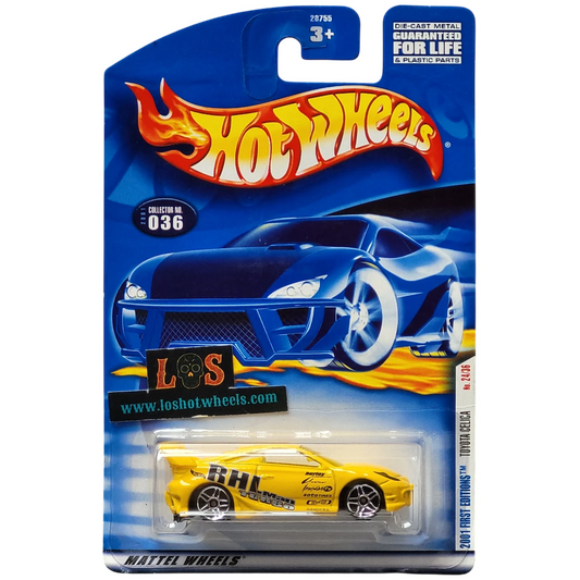 [AUCTION - Free Shipping!] Hot Wheels 1:64 Toyota Celica – 2001 First Editions #036 Yellow RHN Turbo Graphics