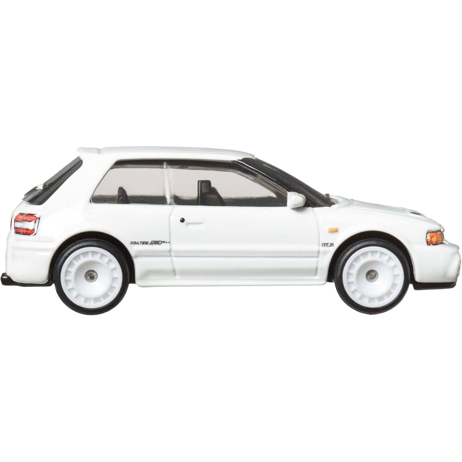 Hot Wheels Boulevard Premium 1:64 Mazda 323 GTR in white with Real Riders tires and ICY HOT license plate.