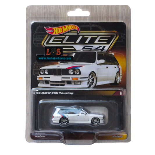 Hot Wheels Elite 64 Series BMW 318i Touring in white with M stripes, number 8 in the series, Real Riders and Metal/Metal features.