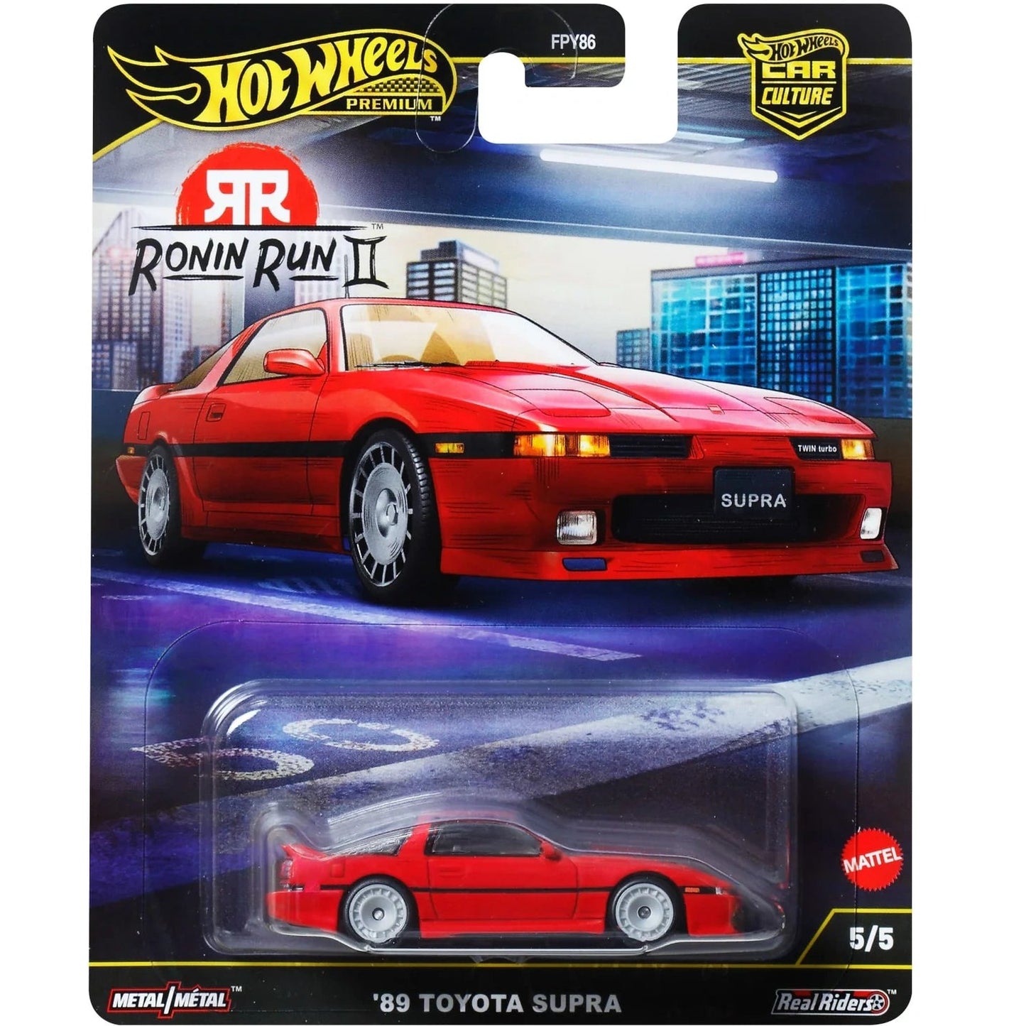 Hot Wheels 1:64 Premium Car Culture Ronin Run II ’89 Toyota Supra JBK90 die-cast vehicle with Real Riders tires and Metal/Metal construction.
