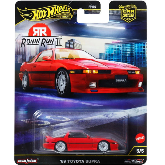 Hot Wheels 1:64 Premium Car Culture Ronin Run II ’89 Toyota Supra JBK90 die-cast vehicle with Real Riders tires and Metal/Metal construction.