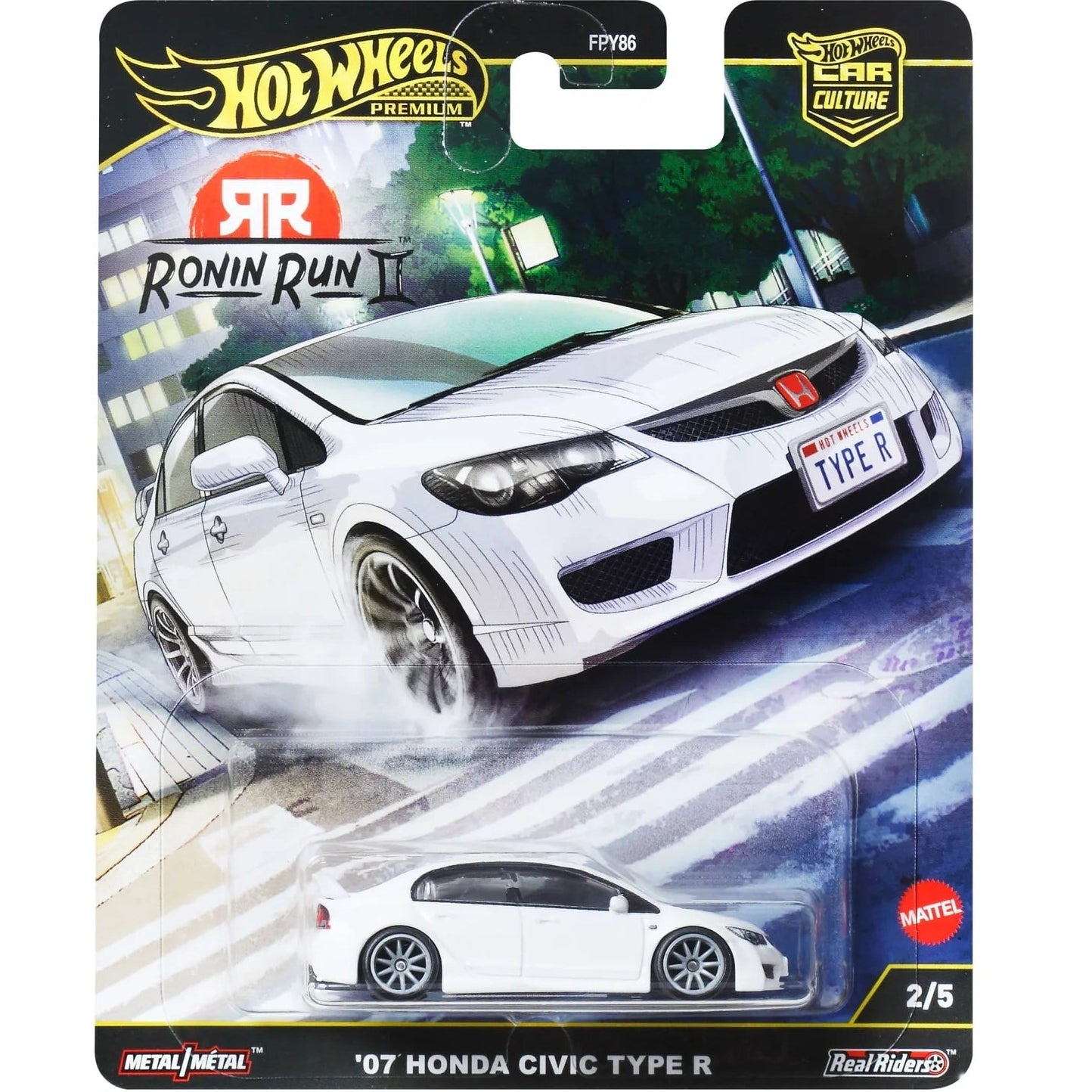 Hot Wheels 1:64 Premium Car Culture Ronin Run II 2007 Honda Civic Type R JBK53 die-cast model with Real Riders wheels and metal body.