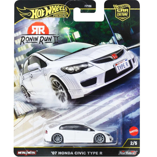 Hot Wheels 1:64 Premium Car Culture Ronin Run II 2007 Honda Civic Type R JBK53 die-cast model with Real Riders wheels and metal body.