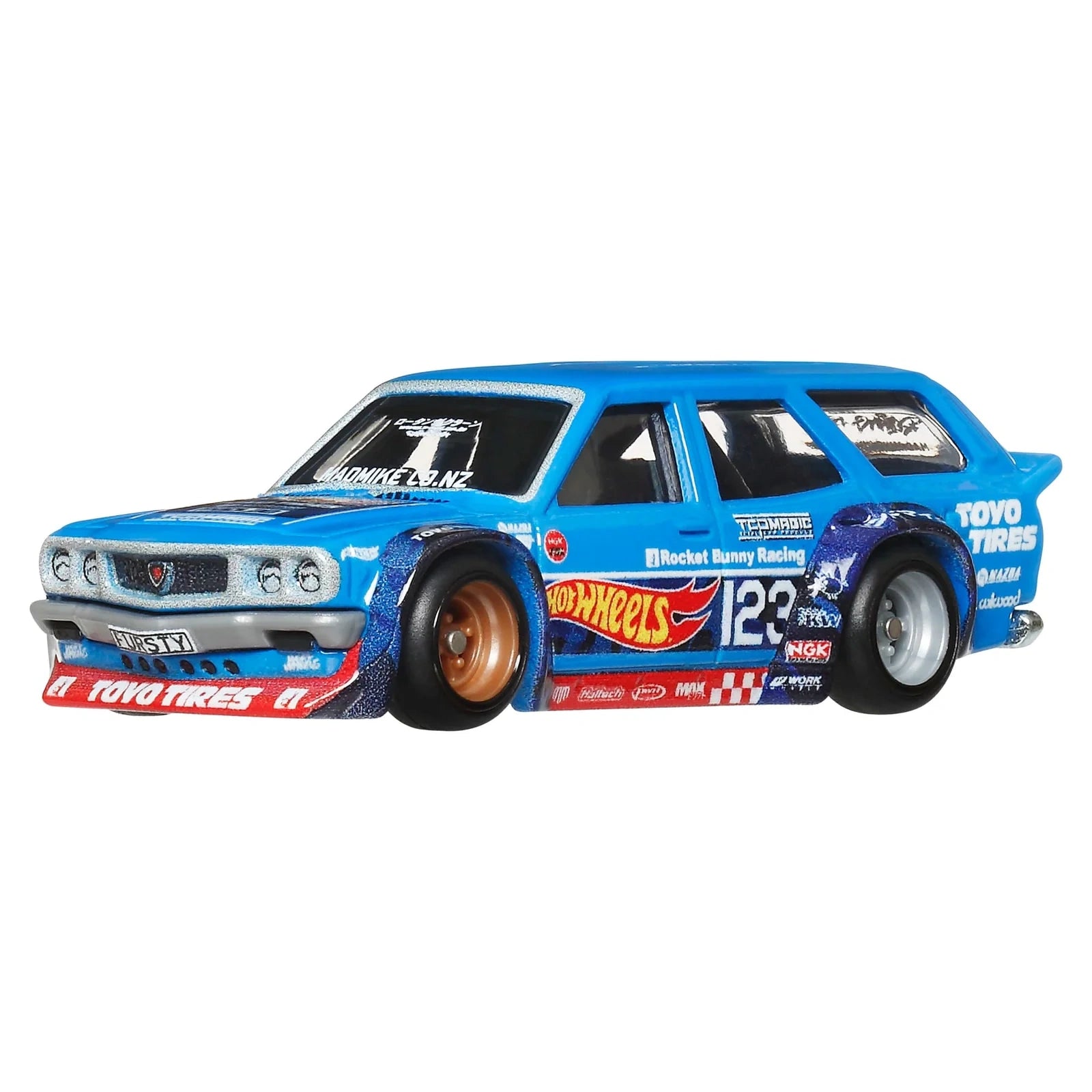Hot Wheels 1:64 Premium Car Culture Mad Mike Mazda RX-3 Wagon JBK50 die-cast car with Real Riders tires and Metal/Metal construction.