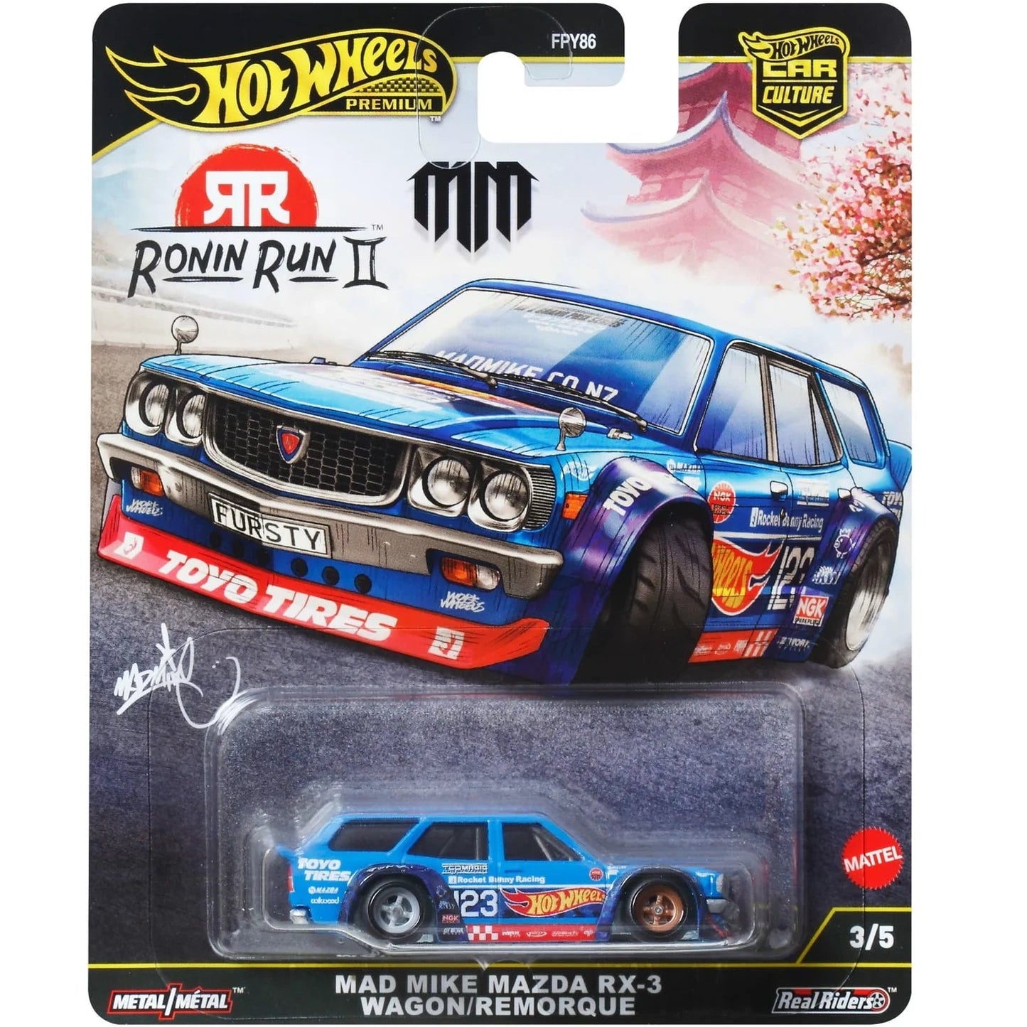 Hot Wheels 1:64 Premium Car Culture Mad Mike Mazda RX-3 Wagon JBK50 die-cast car with Real Riders tires and Metal/Metal construction.