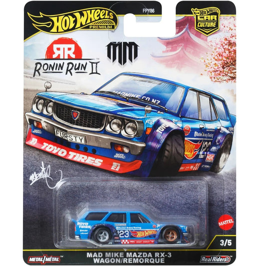 Hot Wheels 1:64 Premium Car Culture Mad Mike Mazda RX-3 Wagon JBK50 die-cast car with Real Riders tires and Metal/Metal construction.