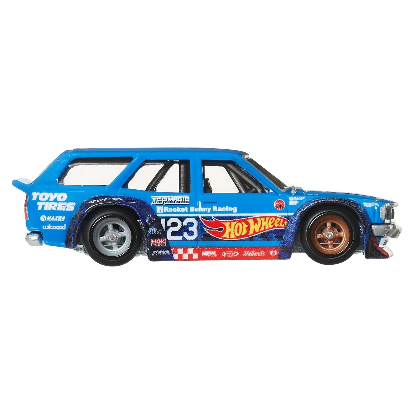 Hot Wheels 1:64 Premium Car Culture Mad Mike Mazda RX-3 Wagon JBK50 die-cast car with Real Riders tires and Metal/Metal construction.