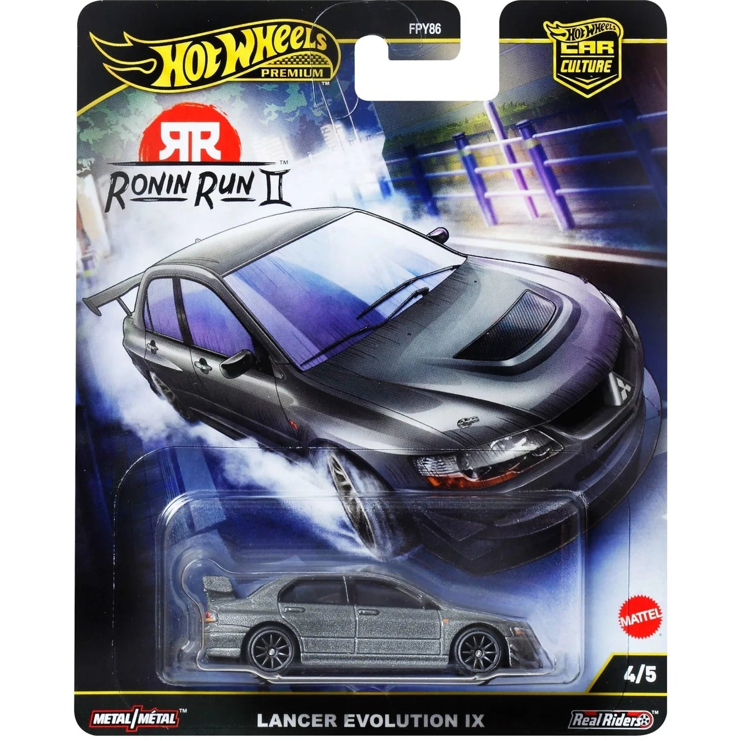 Hot Wheels 1:64 Premium Car Culture Ronin Run II Mitsubishi Lancer Evolution IX JBK86 die-cast vehicle with Real Riders wheels and Metal/Metal construction.