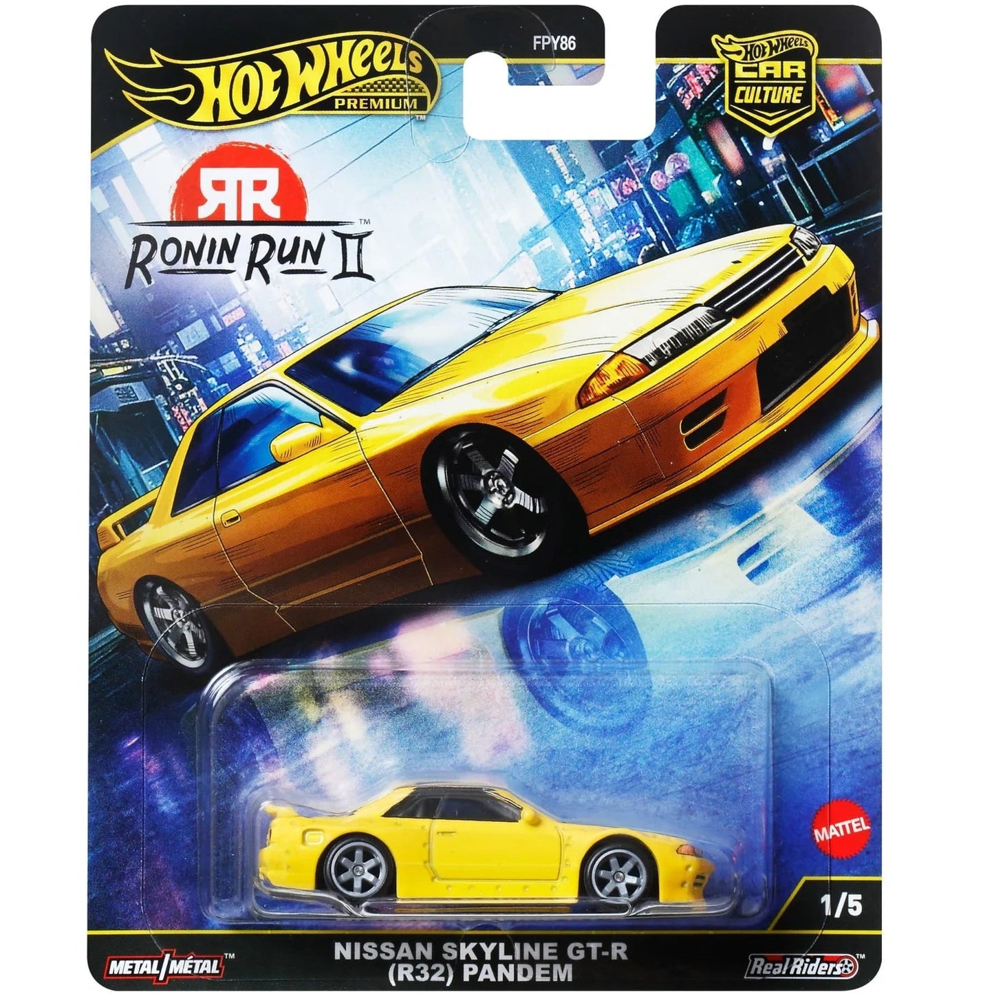 Hot Wheels 1:64 Premium Car Culture Ronin Run II Nissan Skyline GT-R R32 Pandem JBK88 die-cast model with Real Riders wheels and widebody styling.