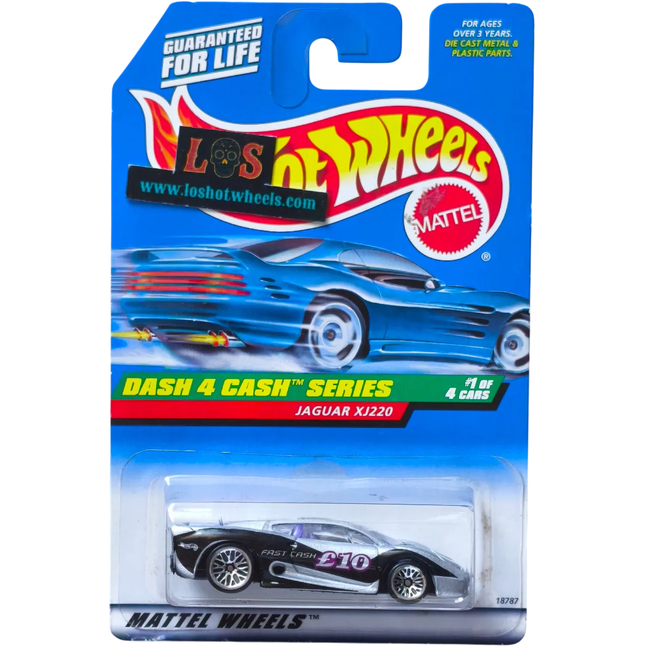 [AUCTION - Free Shipping!] Hot Wheels 1:64 Jaguar XJ220 – Dash 4 Cash Series – Carded, £10 Deco, #1 of 4 Cars – Mattel Wheels