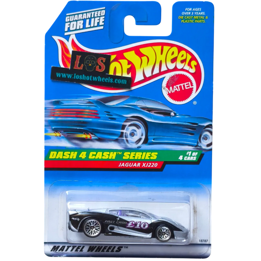 [AUCTION - Free Shipping!] Hot Wheels 1:64 Jaguar XJ220 – Dash 4 Cash Series – Carded, £10 Deco, #1 of 4 Cars – Mattel Wheels