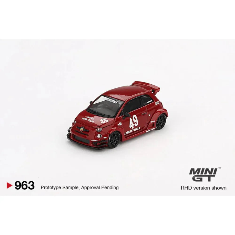 MiniGT 1:64 Fiat Abarth 595 LB-WORKS x Abas Works (Red) die-cast model featuring wide fenders, dual rear wing, and #49 JDM-inspired livery.