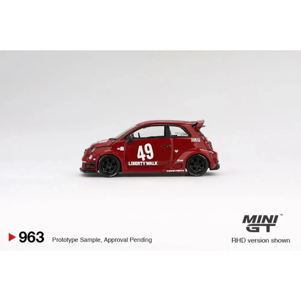 MiniGT 1:64 Fiat Abarth 595 LB-WORKS x Abas Works (Red) die-cast model featuring wide fenders, dual rear wing, and #49 JDM-inspired livery.
