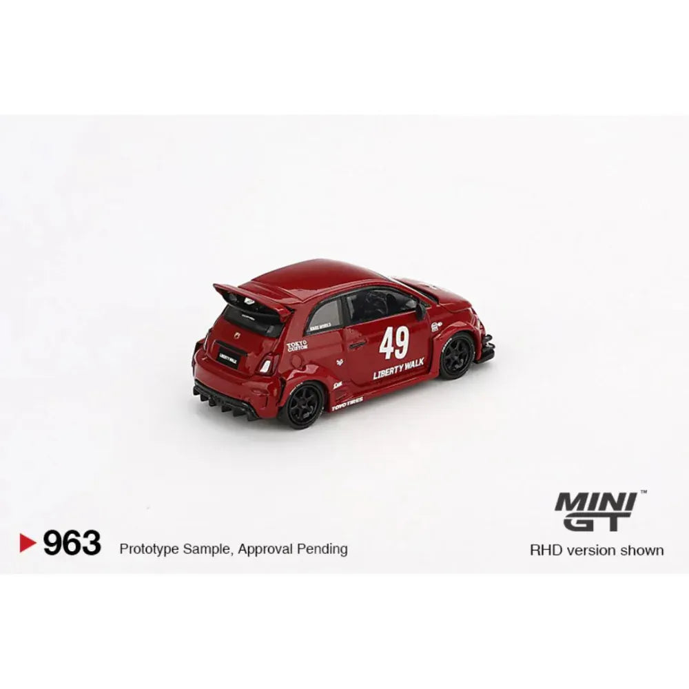 MiniGT 1:64 Fiat Abarth 595 LB-WORKS x Abas Works (Red) die-cast model featuring wide fenders, dual rear wing, and #49 JDM-inspired livery.
