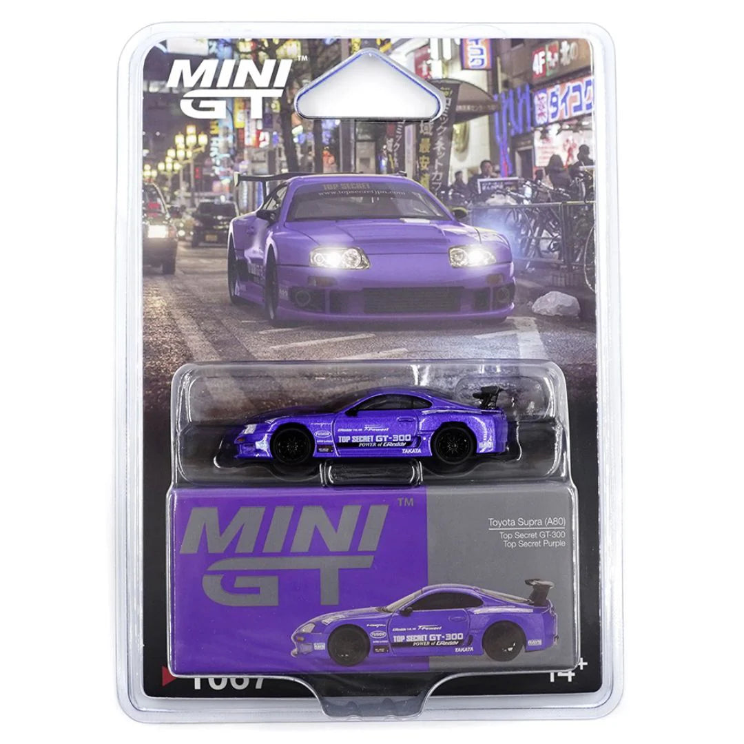 MiniGT 1:64 Toyota Supra A80 in Top Secret GT-300 livery and Top Secret Purple paint – die-cast collectible car #1007.