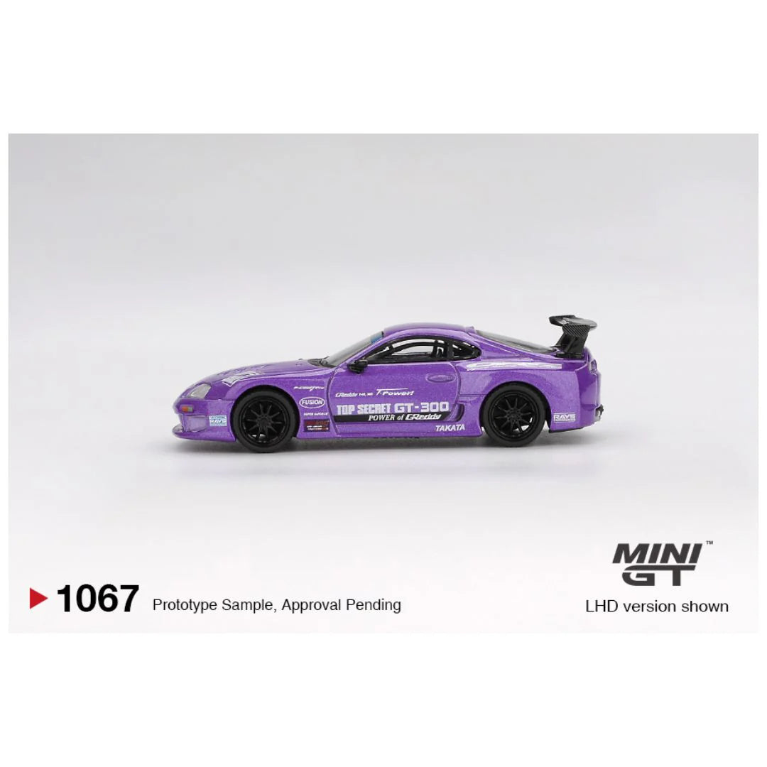 MiniGT 1:64 Toyota Supra A80 in Top Secret GT-300 livery and Top Secret Purple paint – die-cast collectible car #1007.