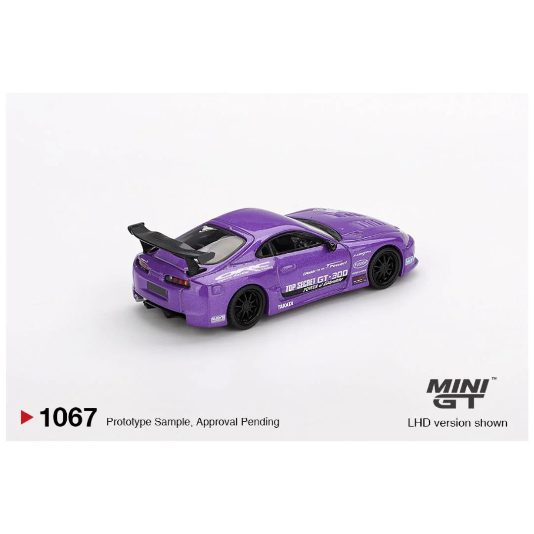 MiniGT 1:64 Toyota Supra A80 in Top Secret GT-300 livery and Top Secret Purple paint – die-cast collectible car #1007.