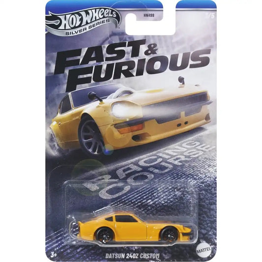 Hot Wheels 1:64 Datsun 240Z Custom in yellow with widebody design from Fast & Furious Silver Series Racing Course #3/5 JBY41 HNR88.