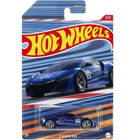 Hot Wheels '17 Acura NSX die-cast model in blue with racing decals from Racing Circuit Silver Series