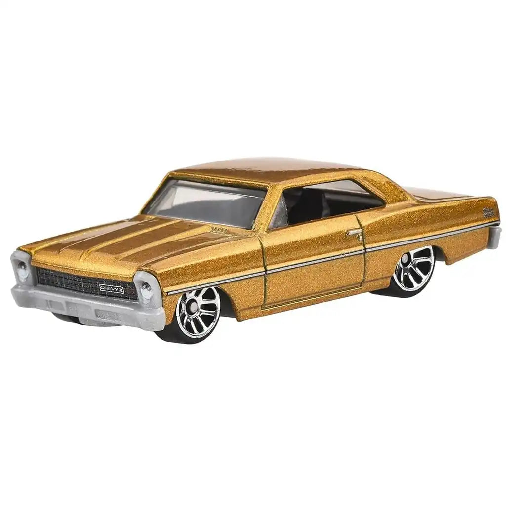 Hot Wheels 1:64 scale 1966 Chevy Nova in metallic gold from the Fast & Furious Silver Series Racing Course #4/5, JBY42 HNR88.