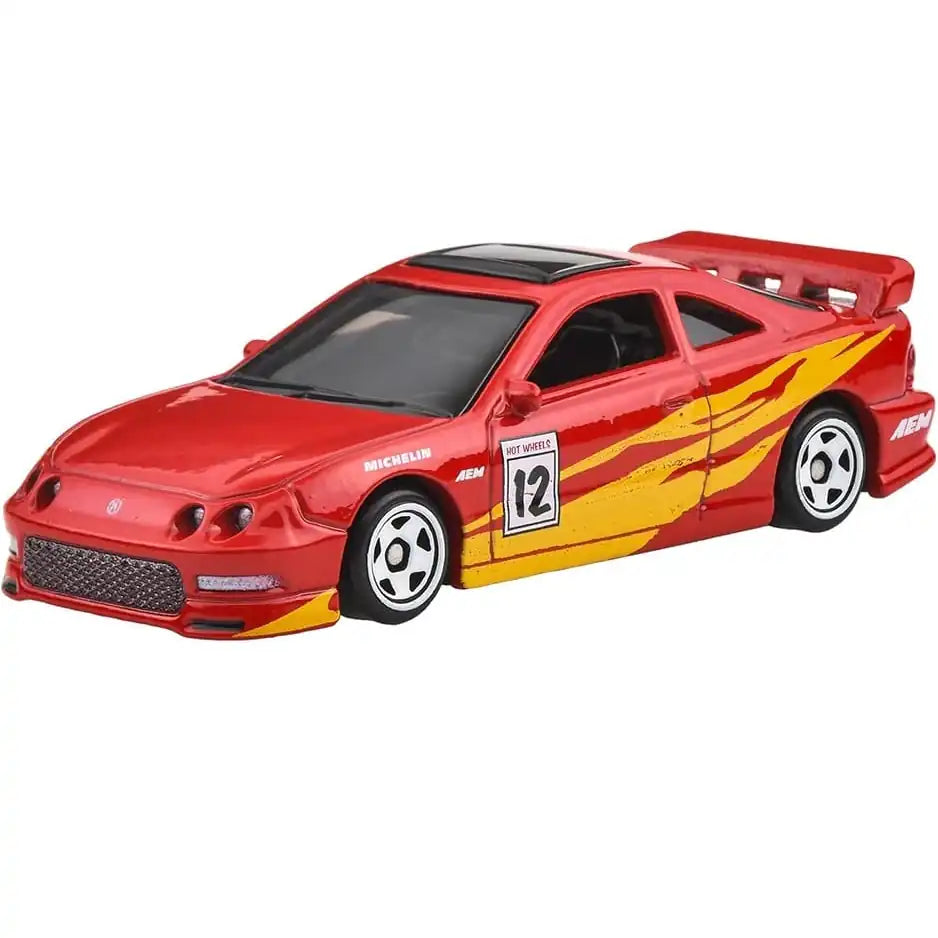 Hot Wheels 1:64 1996 Acura Integra GSR in red with yellow graphics from Fast & Furious Silver Series Racing Course #2/5, model JBY40 HNR88.