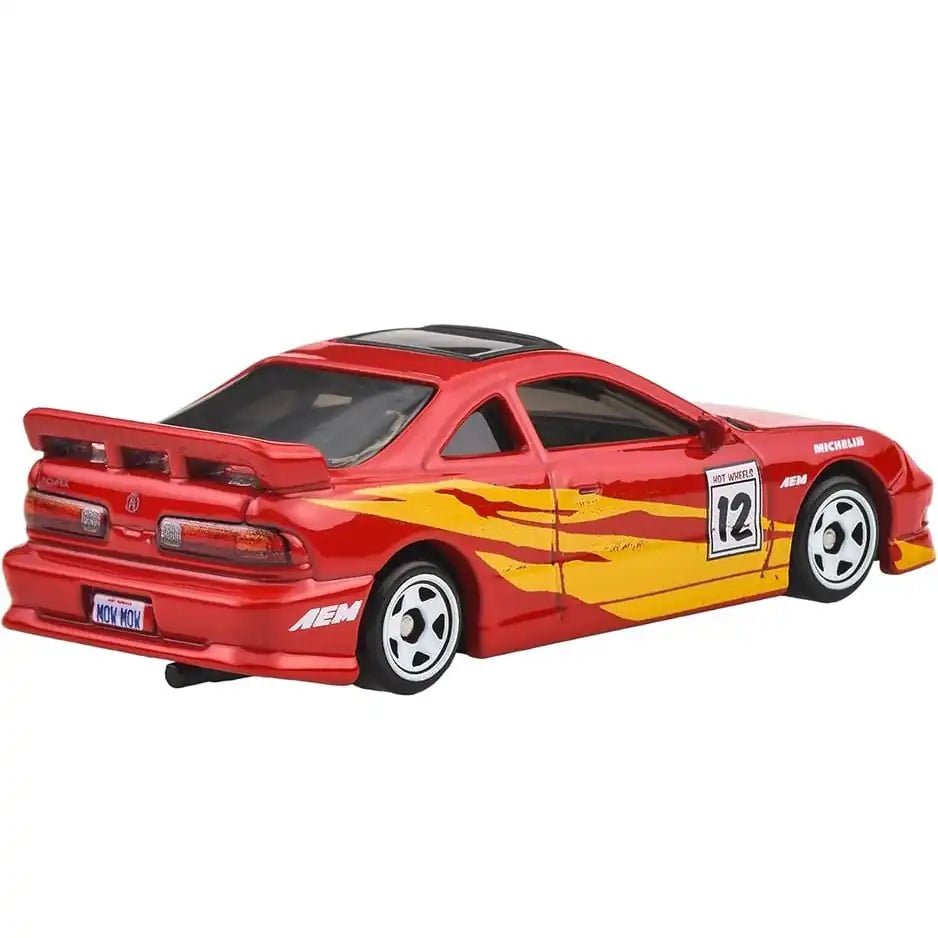 Hot Wheels 1:64 1996 Acura Integra GSR in red with yellow graphics from Fast & Furious Silver Series Racing Course #2/5, model JBY40 HNR88.