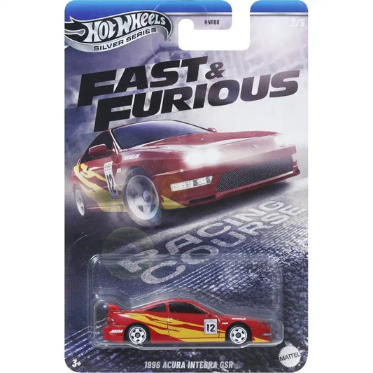 Hot Wheels 1:64 1996 Acura Integra GSR in red with yellow graphics from Fast & Furious Silver Series Racing Course #2/5, model JBY40 HNR88.