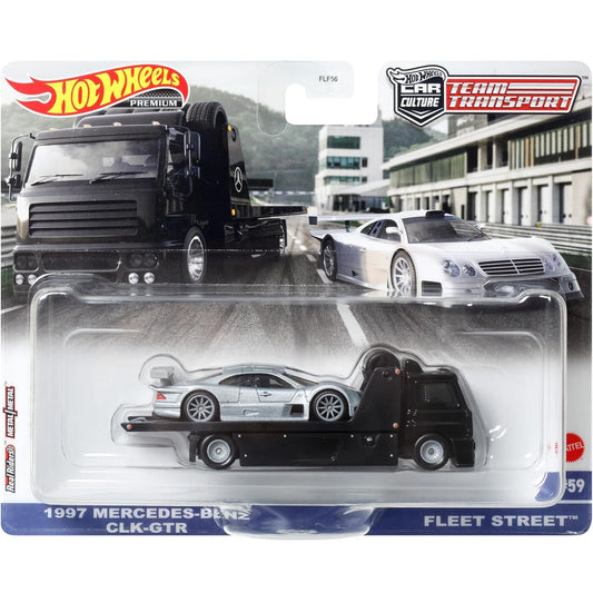 Hot Wheels 1:64 scale Team Transport #59 FLF56 die-cast model of the 1997 Mercedes-Benz CLK-GTR and Fleet Street hauler with authentic race livery.
