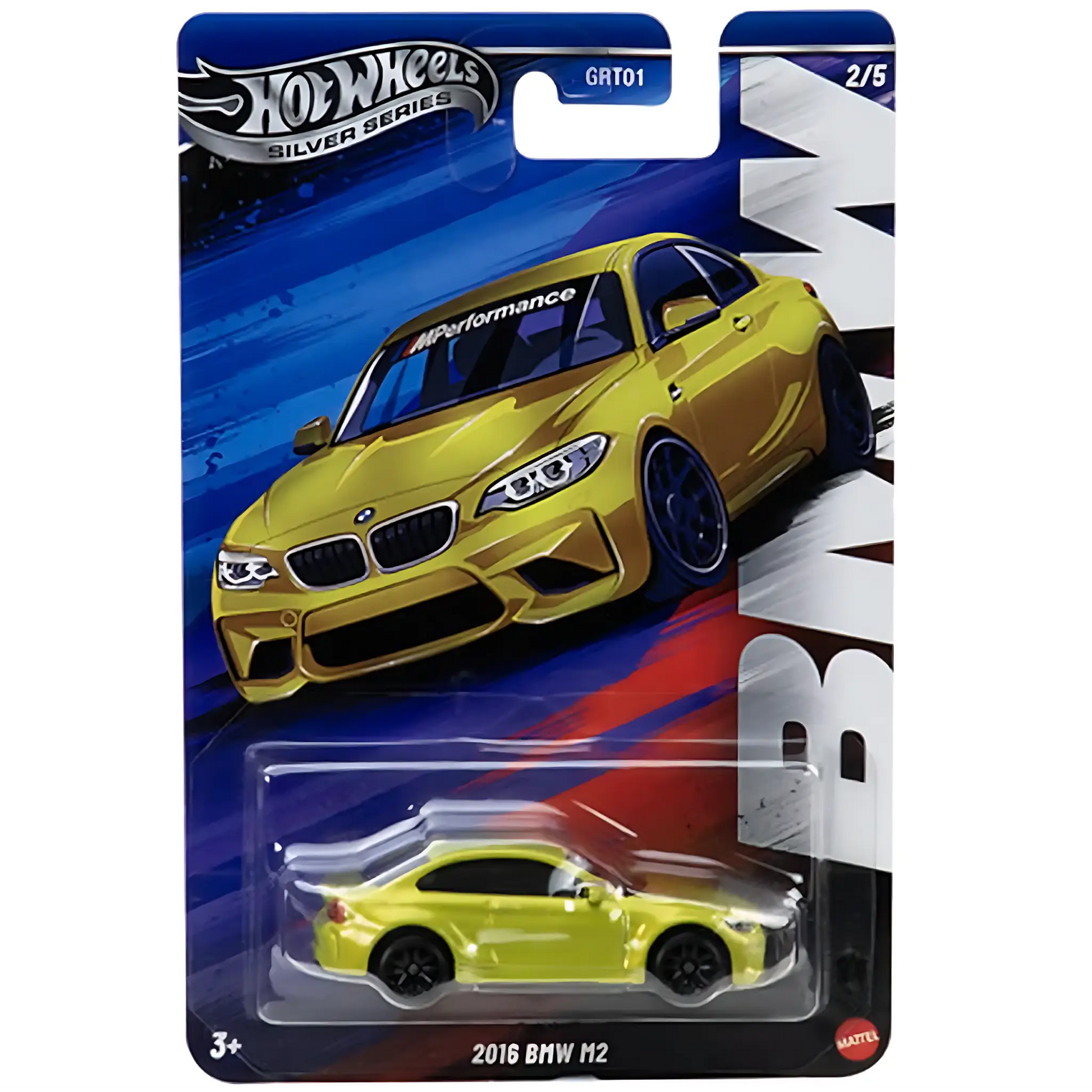Hot Wheels 1:64 scale die-cast model of the 2016 BMW M2 from the Silver Series with yellow paint and M Performance livery.