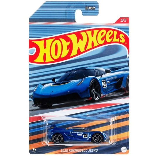Hot Wheels Koenigsegg Jesko 2020 die-cast model in blue with racing graphics from HW Exotics series