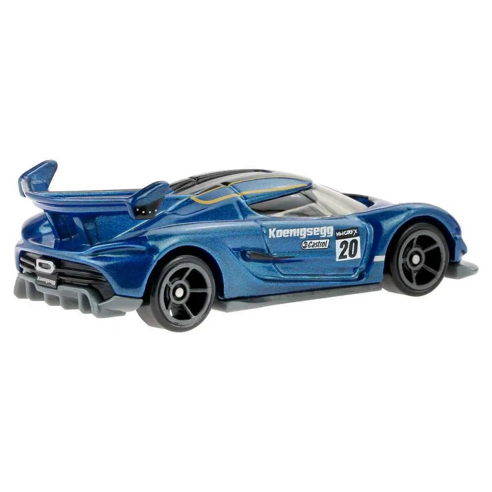 Hot Wheels Koenigsegg Jesko 2020 die-cast model in blue with racing graphics from HW Exotics series