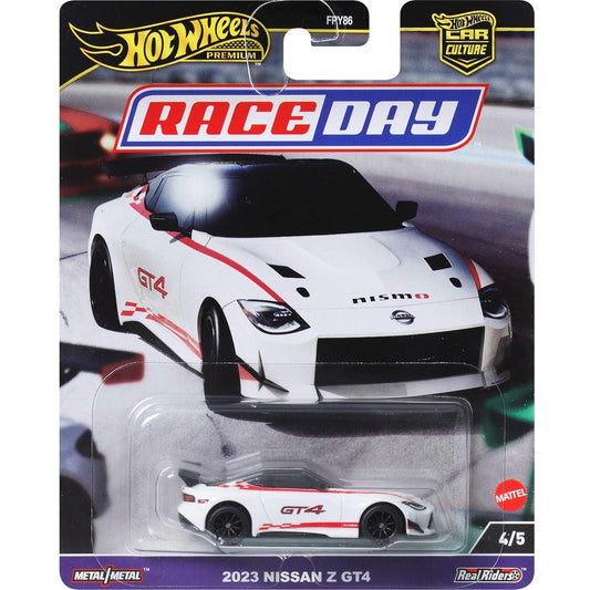 Hot Wheels 1:64 scale Car Culture Race Day die-cast model of the 2023 Nissan Z GT4 with authentic GT4 race livery.

