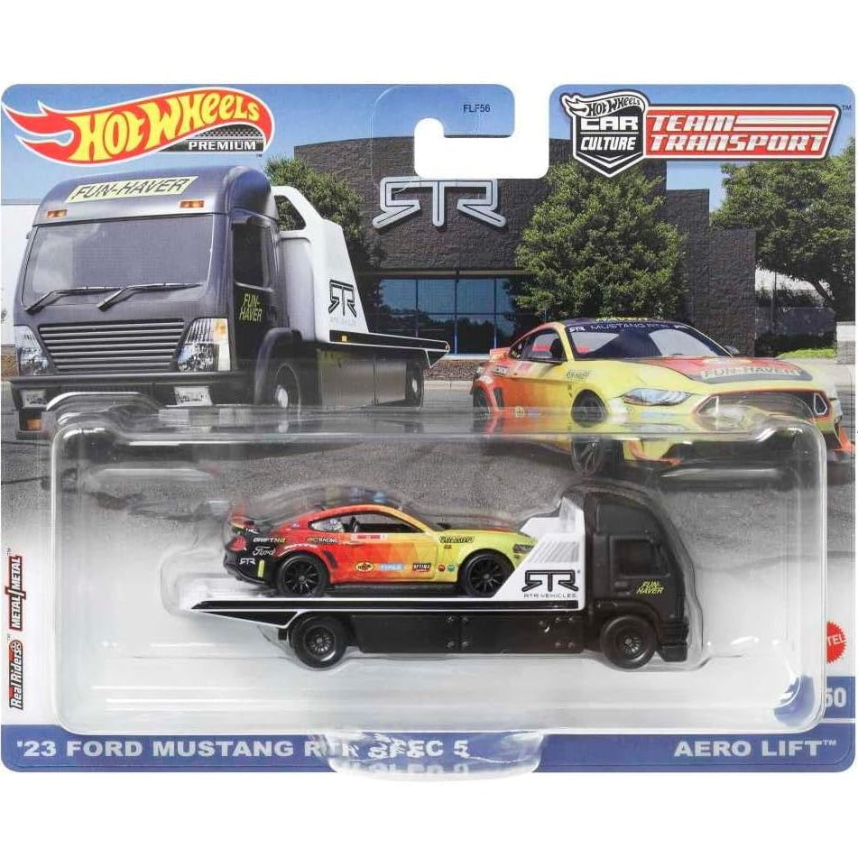 Hot Wheels 1:64 scale Team Transport #50 HKF39 FLF56 die-cast model of the '23 Ford Mustang RTR Spec 5 and Aero Lift transport truck with authentic RTR drift livery.