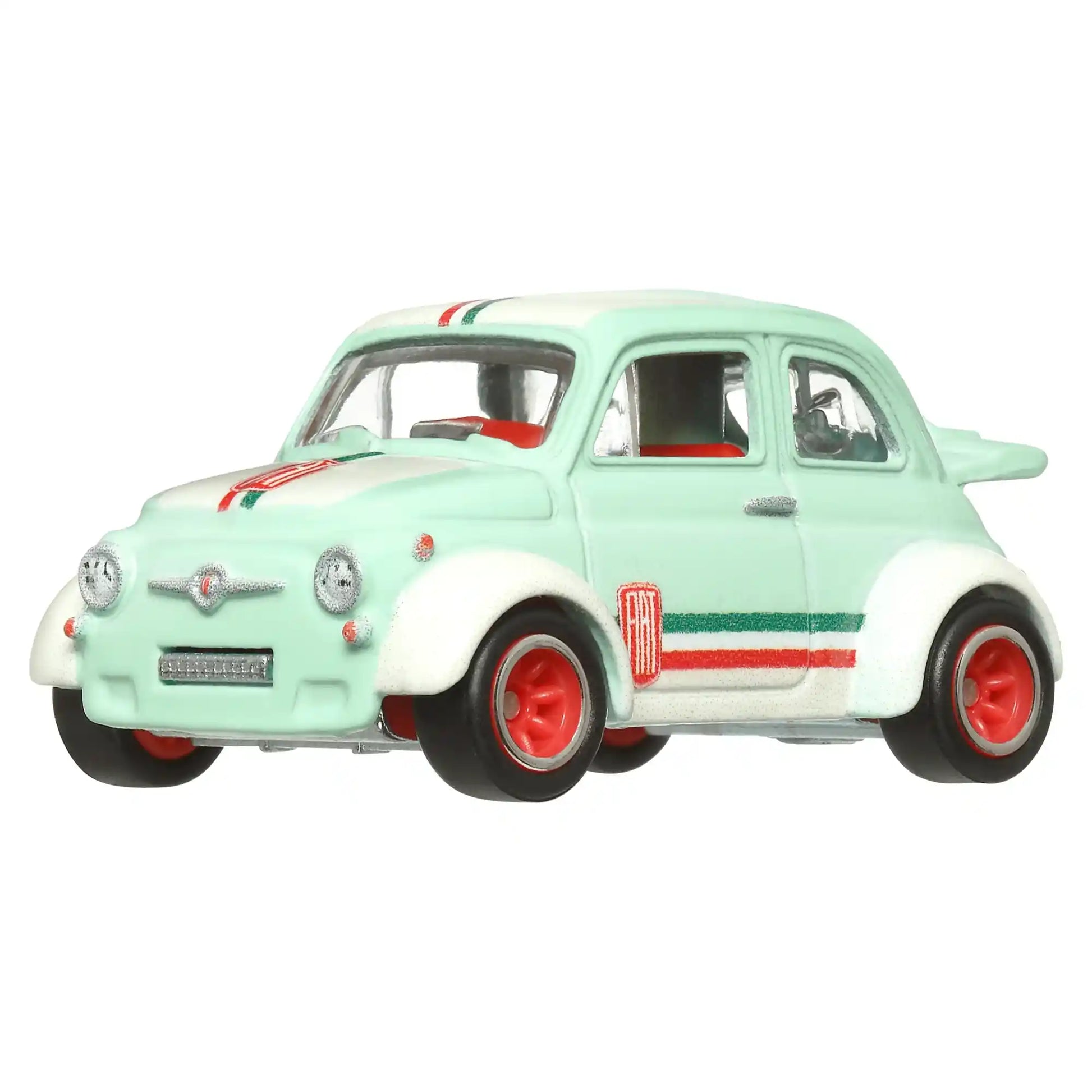 Hot Wheels Premium '60s Fiat 500 D Modificado with green paint, Italian racing stripes, and red Real Riders wheels from Boulevard #97.