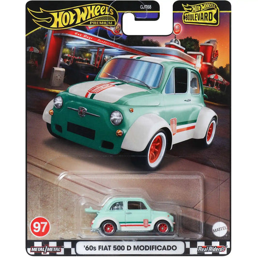 Hot Wheels Premium '60s Fiat 500 D Modificado with green paint, Italian racing stripes, and red Real Riders wheels from Boulevard #97.