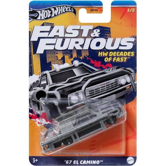 Hot Wheels 1:64 '67 El Camino in silver with armor-style detailing from the Fast & Furious HW Decades of Fast series.