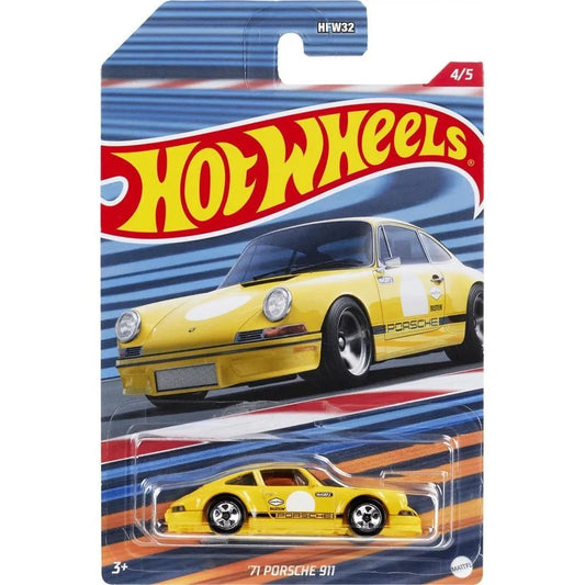 Celebrate racing history with the Hot Wheels 1:64 '71 Porsche 911 – Racing Circuit Silver Series 4/5 HFW32. This vintage-style collectible features yellow paint, racing decals, and classic Porsche details.