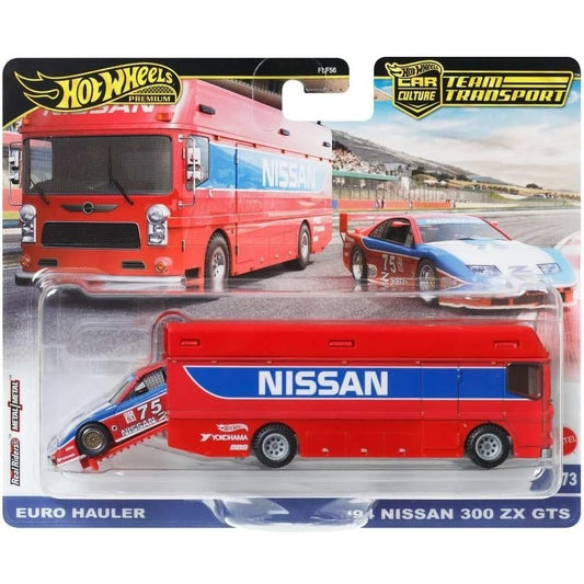 Hot Wheels 1:64 scale Team Transport #73 HRV44 FLF56 die-cast model of the '94 Nissan 300ZX GTS and Euro Hauler transport truck with authentic race