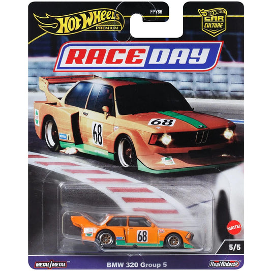 Hot Wheels 1:64 scale Car Culture Race Day die-cast model of the BMW 320 Group 5 with vintage racing livery.