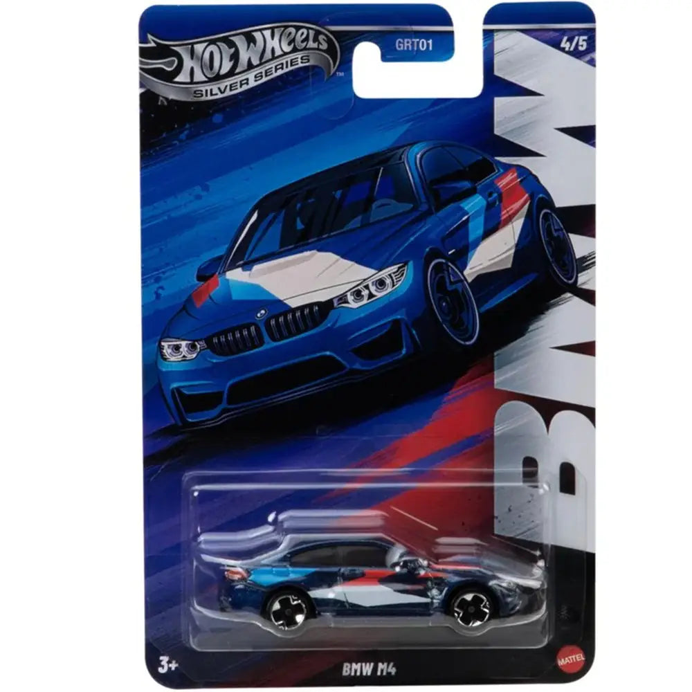 Hot Wheels 1:64 BMW M4 from the Celebrations Silver Series in metallic blue with M-stripe livery.